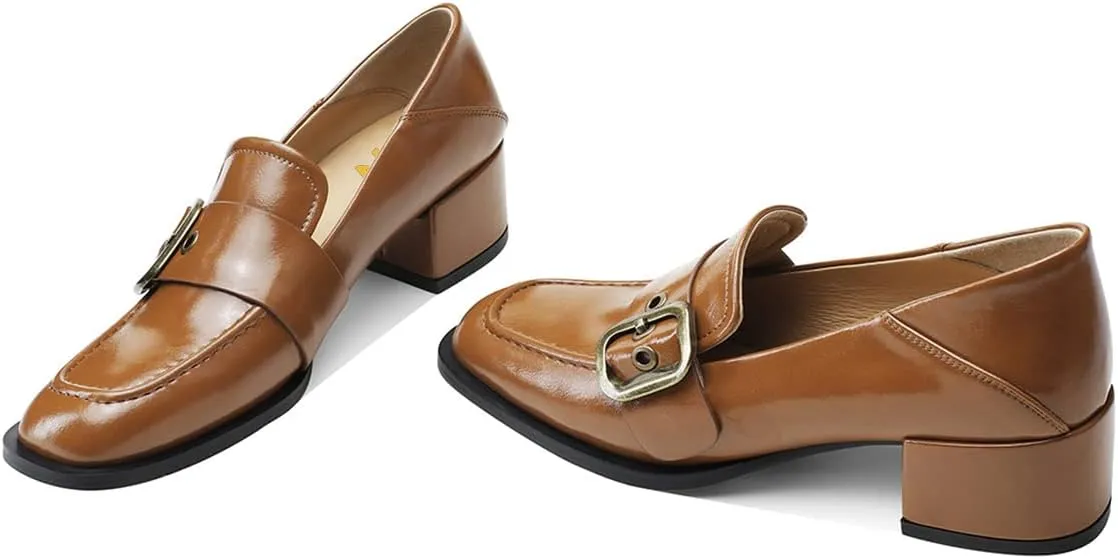 YDN Women Square Toe Heeled Loafers Slip on Block Low Heel Pumps Buckle Fashion Formal Wear Shoes Size 4-15 US