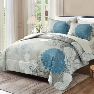 Yiran 7 Pieces Bed in a Bag King Comforter Set Blue Floral Comforter Sets Soft Microfiber Flowers Bedding Set (1 Comforter 1 Flat Sheet 1 Fitted Sheet 2 Pillowshams 2 Pillowcases)
