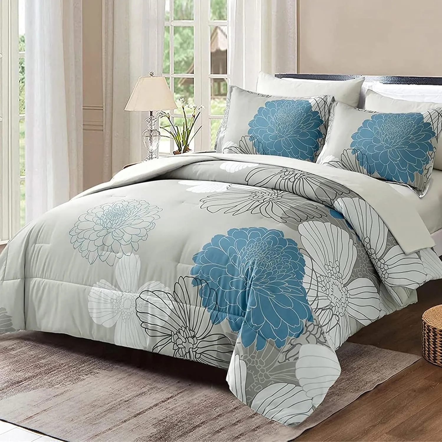 Yiran 7 Pieces Bed in a Bag King Comforter Set Blue Floral Comforter Sets Soft Microfiber Flowers Bedding Set (1 Comforter 1 Flat Sheet 1 Fitted Sheet 2 Pillowshams 2 Pillowcases)