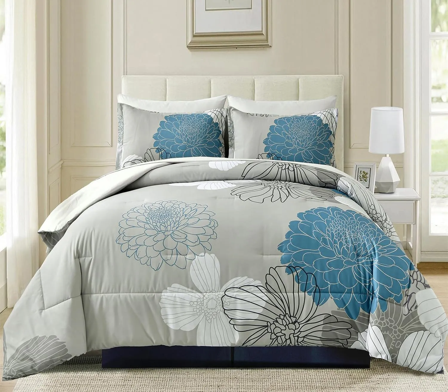 Yiran 7 Pieces Bed in a Bag King Comforter Set Blue Floral Comforter Sets Soft Microfiber Flowers Bedding Set (1 Comforter 1 Flat Sheet 1 Fitted Sheet 2 Pillowshams 2 Pillowcases)
