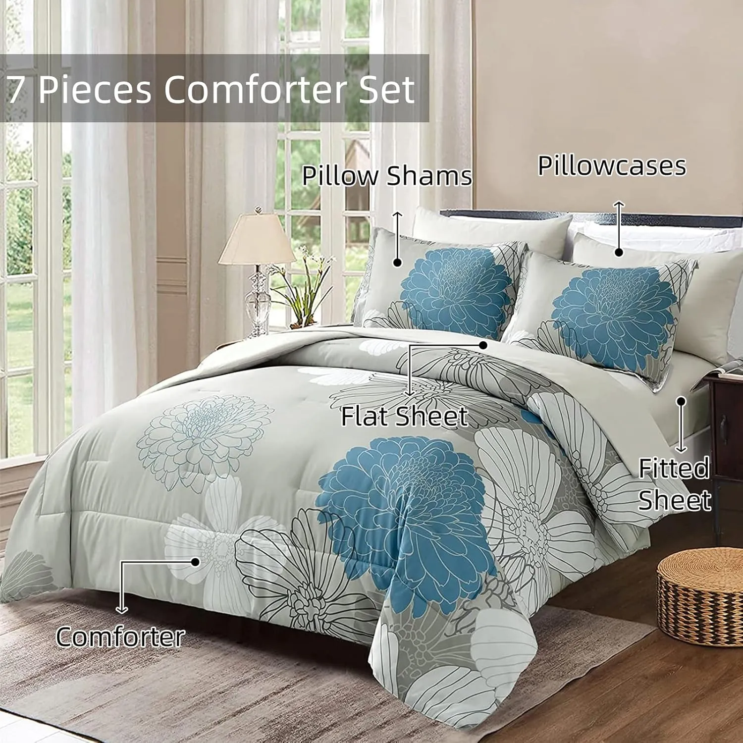 Yiran 7 Pieces Bed in a Bag King Comforter Set Blue Floral Comforter Sets Soft Microfiber Flowers Bedding Set (1 Comforter 1 Flat Sheet 1 Fitted Sheet 2 Pillowshams 2 Pillowcases)