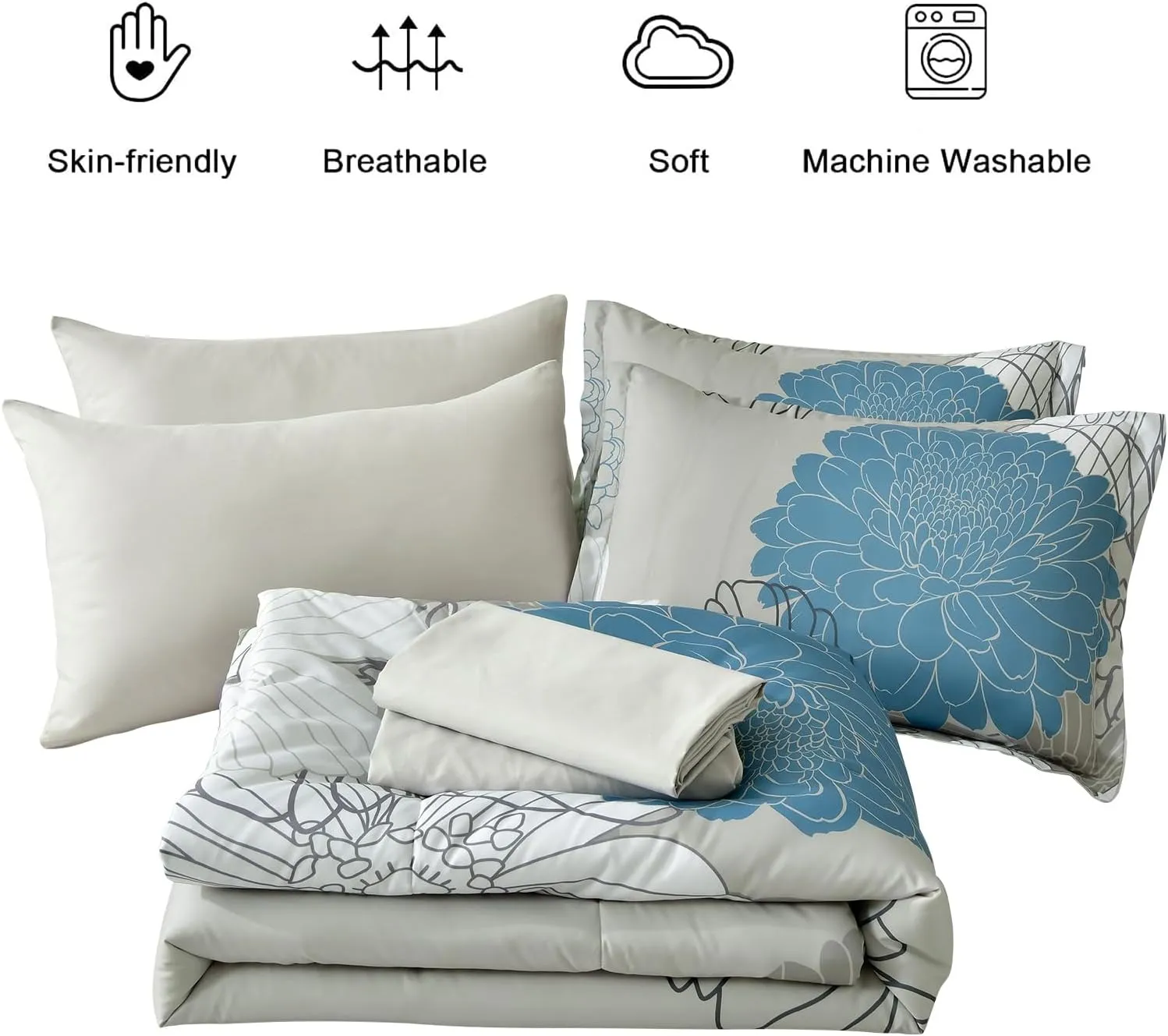 Yiran 7 Pieces Bed in a Bag King Comforter Set Blue Floral Comforter Sets Soft Microfiber Flowers Bedding Set (1 Comforter 1 Flat Sheet 1 Fitted Sheet 2 Pillowshams 2 Pillowcases)