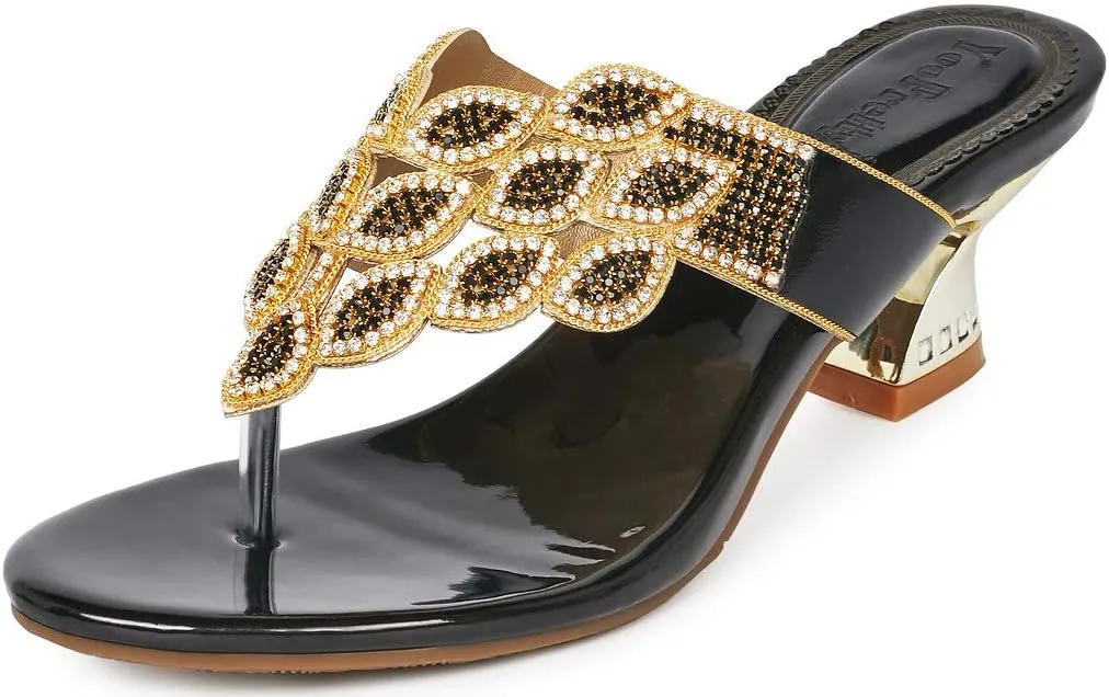 YooPrettyz Women Summer Rhinestone Thong Strap Sandals Slid Gold Chunky Low Heels