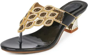 YooPrettyz Women Summer Rhinestone Thong Strap Sandals Slid Gold Chunky Low Heels