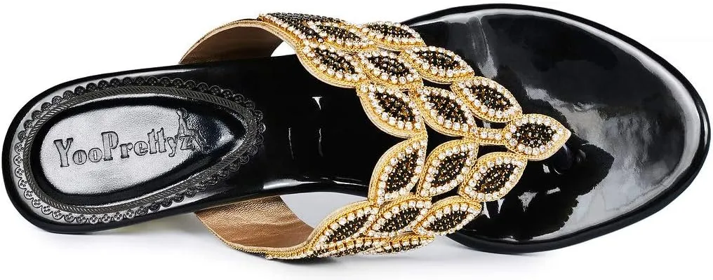 YooPrettyz Women Summer Rhinestone Thong Strap Sandals Slid Gold Chunky Low Heels